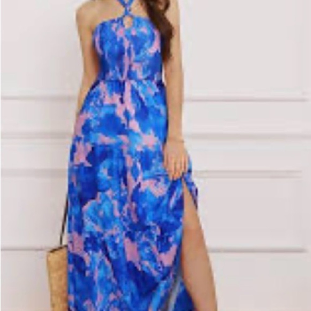 Elegant Blue and Pink Halter Maxi Dress